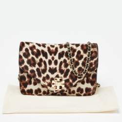 Pre Owned Tory Burch Brown/Black Printed Fur and Leather Kira Envelope Flap Chain Bag