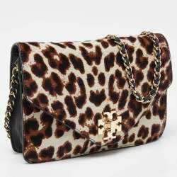 Pre Owned Tory Burch Brown/Black Printed Fur and Leather Kira Envelope Flap Chain Bag