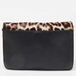 Pre Owned Tory Burch Brown/Black Printed Fur and Leather Kira Envelope Flap Chain Bag
