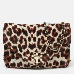 Pre Owned Tory Burch Brown/Black Printed Fur and Leather Kira Envelope Flap Chain Bag
