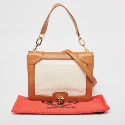 Tory Burch Tan/Off White Leather Lock Flap Shoulder Bag