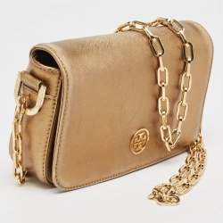 Pre Owned Tory Burch Gold Leather Logo Flap Chain Bag