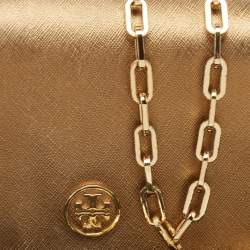 Pre Owned Tory Burch Gold Leather Logo Flap Chain Bag