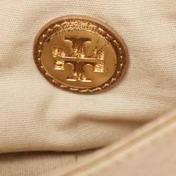 Pre Owned Tory Burch Gold Leather Logo Flap Chain Bag