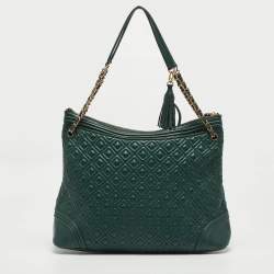 Pre Owned Tory Burch Green Leather Fleming Top Zip Shoulder Bag