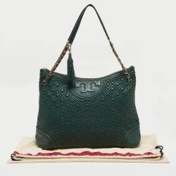 Pre Owned Tory Burch Green Leather Fleming Top Zip Shoulder Bag
