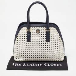 Pre Owned Tory Burch White/Blue Woven Leather Robinson Dome Satchel