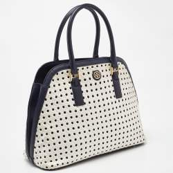 Pre Owned Tory Burch White/Blue Woven Leather Robinson Dome Satchel