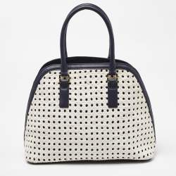Pre Owned Tory Burch White/Blue Woven Leather Robinson Dome Satchel