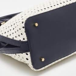 Pre Owned Tory Burch White/Blue Woven Leather Robinson Dome Satchel