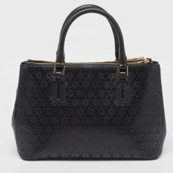 Pre Owned Tory Burch Black Laser Cut Saffiano Leather Double Zip Robinson Tote