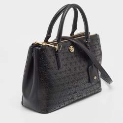 Pre Owned Tory Burch Black Laser Cut Saffiano Leather Double Zip Robinson Tote
