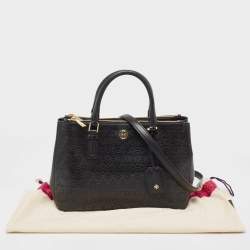 Pre Owned Tory Burch Black Laser Cut Saffiano Leather Double Zip Robinson Tote
