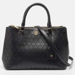 Pre Owned Tory Burch Black Laser Cut Saffiano Leather Double Zip Robinson Tote