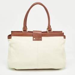 Pre Owned Tory Burch Cream/Brown Leather Tote