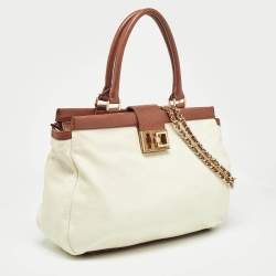 Pre Owned Tory Burch Cream/Brown Leather Tote