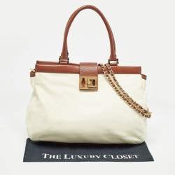 Pre Owned Tory Burch Cream/Brown Leather Tote