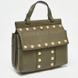 Pre Owned Tory Burch Olive Green Leather Mini Block-T Top Handle Bag
