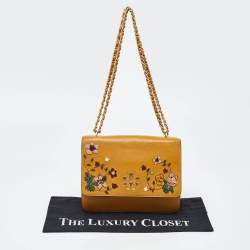 Pre Owned Tory Burch Mustard Leather Britten Floral Applique Flap Bag