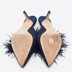 Tory Burch Navy Blue Satin and Fur Elodie Mules Size 40