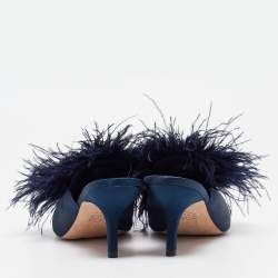 Tory Burch Navy Blue Satin and Fur Elodie Mules Size 40