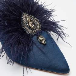 Tory Burch Navy Blue Satin and Fur Elodie Mules Size 40