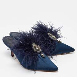 Tory Burch Navy Blue Satin and Fur Elodie Mules Size 40