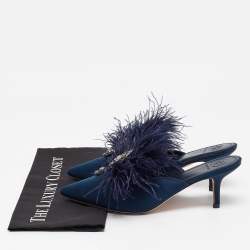 Tory Burch Navy Blue Satin and Fur Elodie Mules Size 40
