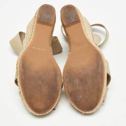 Pre Owned Tory Burch Brown/Beige Canvas and Leather Wedge Sandals Size 37.5