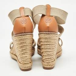 Pre Owned Tory Burch Brown/Beige Canvas and Leather Wedge Sandals Size 37.5