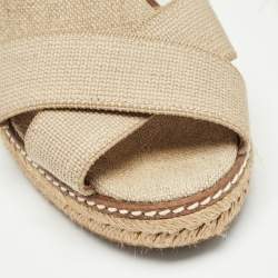 Pre Owned Tory Burch Brown/Beige Canvas and Leather Wedge Sandals Size 37.5