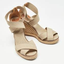 Pre Owned Tory Burch Brown/Beige Canvas and Leather Wedge Sandals Size 37.5
