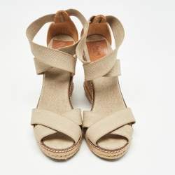 Pre Owned Tory Burch Brown/Beige Canvas and Leather Wedge Sandals Size 37.5