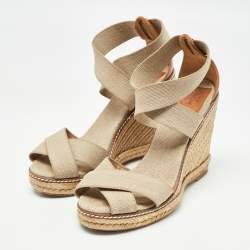 Pre Owned Tory Burch Brown/Beige Canvas and Leather Wedge Sandals Size 37.5