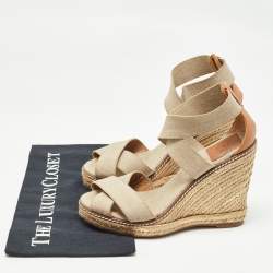 Pre Owned Tory Burch Brown/Beige Canvas and Leather Wedge Sandals Size 37.5
