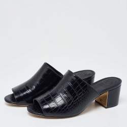 Tory Burch Black Croc Embossed Leather Mules Size 38