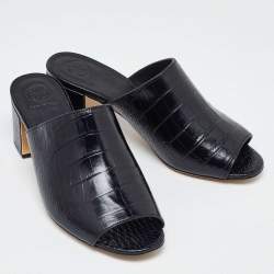 Tory Burch Black Croc Embossed Leather Mules Size 38