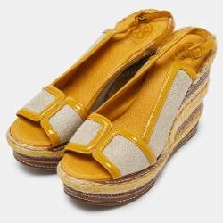 Tory Burch Yellow/Beige Canvas and Patent Leather Espadrille Wedge Platform Slingback Sandals Size 40