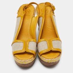 Tory Burch Yellow/Beige Canvas and Patent Leather Espadrille Wedge Platform Slingback Sandals Size 40