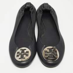 Pre Owned Tory Burch Navy Blue Leather Reva Ballet Flats Size 41.5
