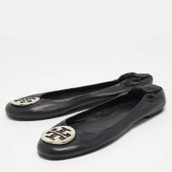 Pre Owned Tory Burch Navy Blue Leather Reva Ballet Flats Size 41.5