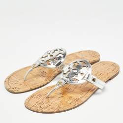 Pre Owned Tory Burch Silver Leather Miller Flat Sandals Size 39