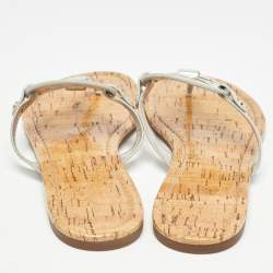 Pre Owned Tory Burch Silver Leather Miller Flat Sandals Size 39