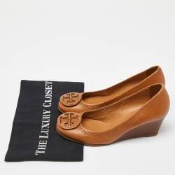 Pre Owned Tory Burch Brown Leather Sally Wedge Pumps Size 37