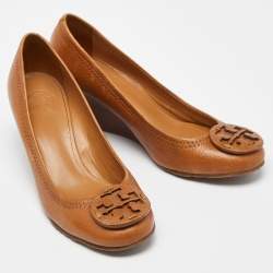 Pre Owned Tory Burch Brown Leather Sally Wedge Pumps Size 37