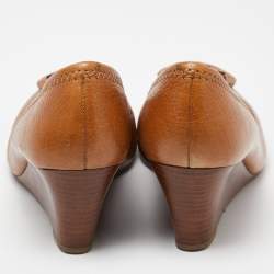 Pre Owned Tory Burch Brown Leather Sally Wedge Pumps Size 37