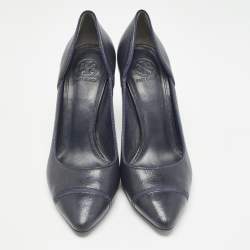 Pre Owned Tory Burch Navy Blue Leather Pointed Toe Pumps Size 39