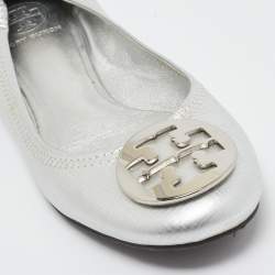 Pre Owned Tory Burch Silver Leather Ballet Flats Size 39.5
