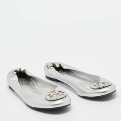 Pre Owned Tory Burch Silver Leather Ballet Flats Size 39.5