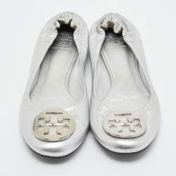 Pre Owned Tory Burch Silver Leather Ballet Flats Size 39.5